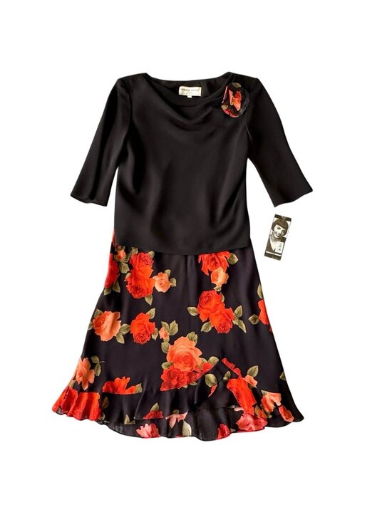 Donna Ricco Dresses & Skirts - Black Red Floral Skirt Set Women's 10 Petite Lined Holidays NWT Vtg Donna Ricco